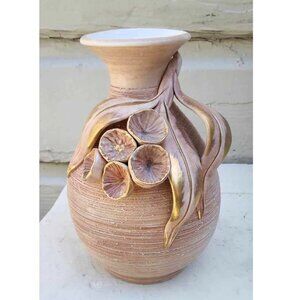 Mid Century Ceramic Stoneware Vase with sculpted gold glazed flowers by Elsie E.